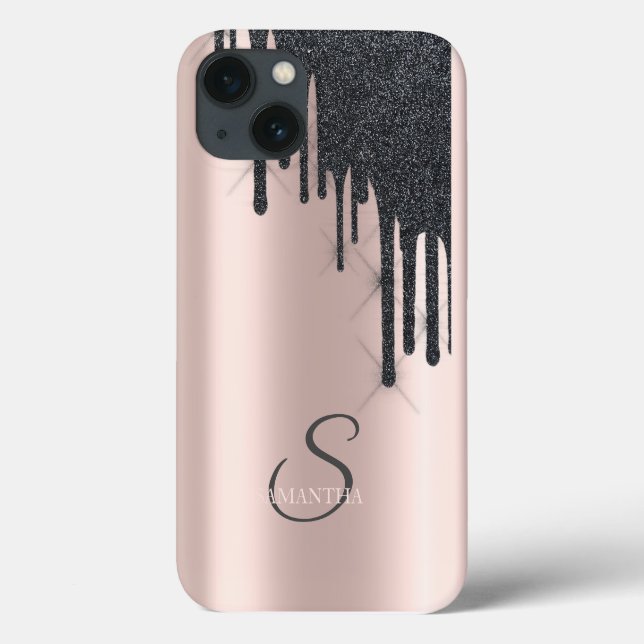 Eleganter Black Glitzer Tropfen Rose Gold Case-Mate iPhone Hülle (Rückseite)