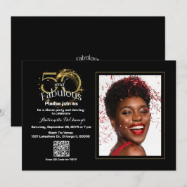 Eleganter Black Gold 50 & Fabulous QR Code Geburts Einladung