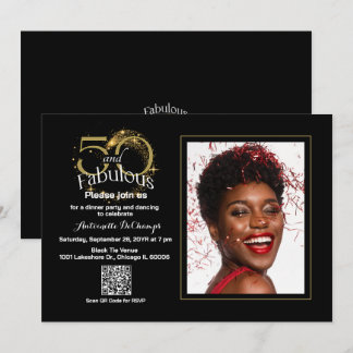 Eleganter Black Gold 50 & Fabulous QR Code Geburts Einladung