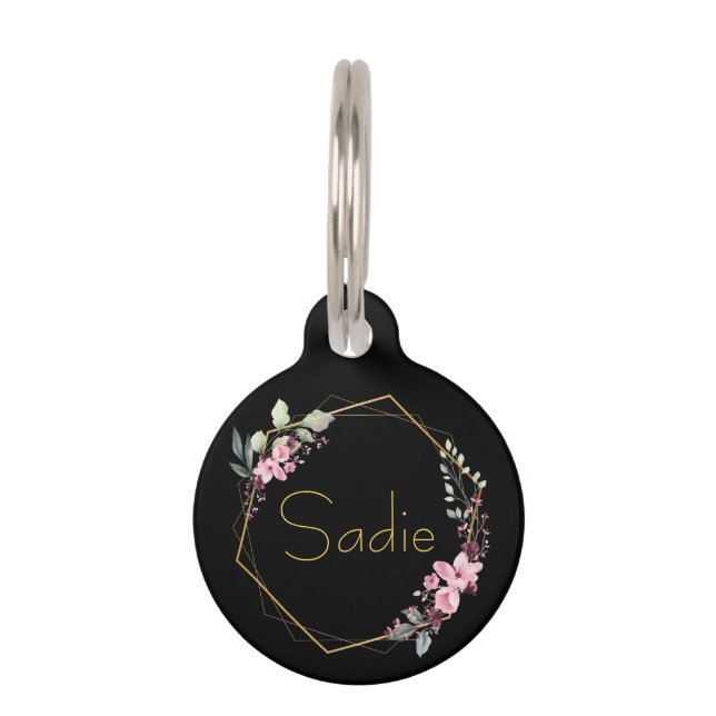 Eleganter Black Gold Cherry Blossom Individuelle N Haustiermarke (Vorderseite)