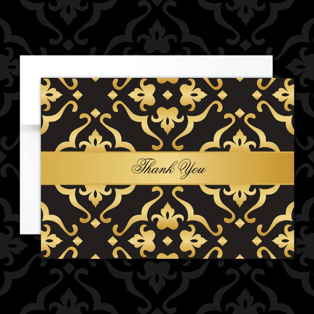 Eleganter Black & Gold Damask Dankeskarte (Von Creator hochgeladen)