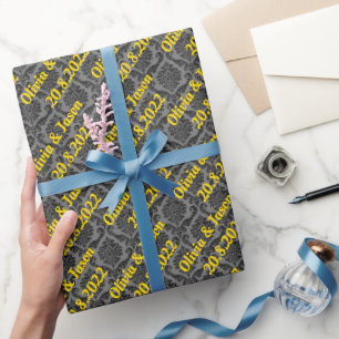 Eleganter Black Gold Damask Personalisierter Hochz Geschenkpapier