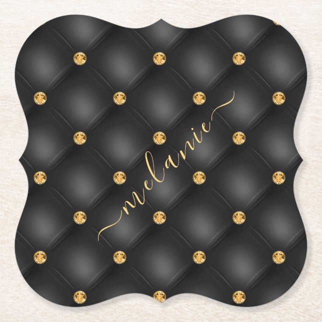 Eleganter Black Gold Diamond gefixt Luxus Ihr Name Untersetzer (Vorderseite)