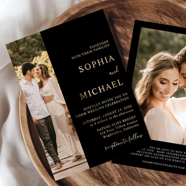 Eleganter Black Gold Foil Zwei Foto QR Code Hochze Folieneinladung (Von Creator hochgeladen)