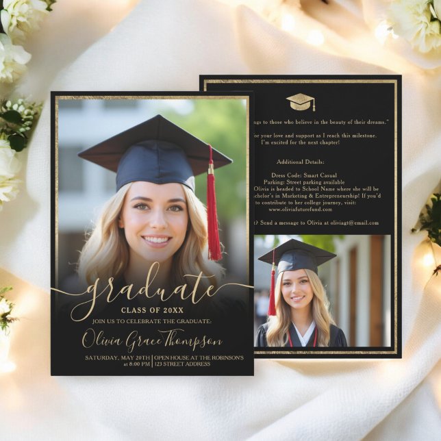 Eleganter Black Gold Foto Script Abschluss Einladung (Elegant Black Gold Photo Script Graduation Invitation)