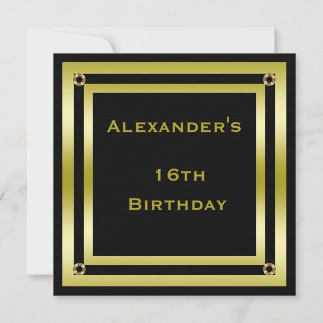Eleganter Black & Gold Gerahmt Man's 16. Geburtsta Einladung (Vorderseite)