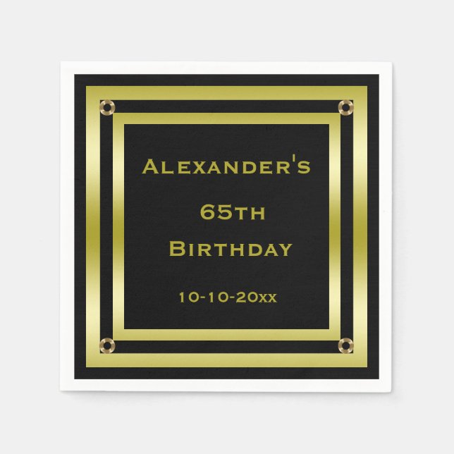 Eleganter Black & Gold Gerahmt Man's 65. Geburtsta Serviette (Vorderseite)