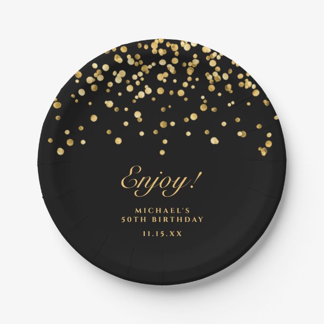 Eleganter Black & Gold Glitzer 50. Geburtstag Pappteller (Vorderseite)