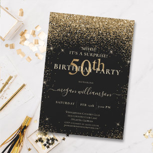 Eleganter Black Gold Glitzer 50. Geburtstagsparty Einladung