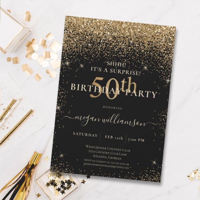 Eleganter Black Gold Glitzer 50. Geburtstagsparty Einladung (Von Creator hochgeladen)