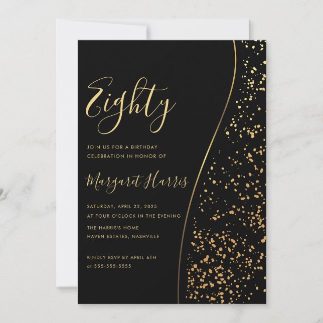 Eleganter Black Gold Glitzer 80. Geburtstag Einladung (Vorderseite)