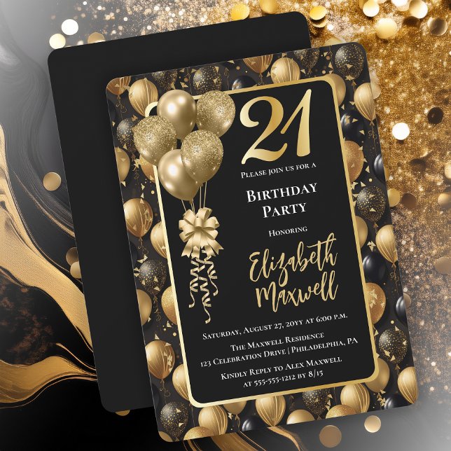 Eleganter Black Gold Glitzer Balloons 21. Geburtst Einladung (Elegant Black Gold-Tone Faux Glitter Balloons Pattern 21st Birthday Party Invitation 
Print Digital)