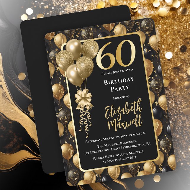 Eleganter Black Gold Glitzer Balloons 60. Geburtst Einladung (Elegant Black Gold-Tone Faux Glitter Balloons Pattern 60th Birthday Party Invitation 
Print Digital)