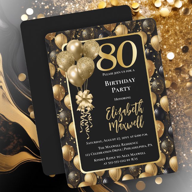 Eleganter Black Gold Glitzer Balloons 80. Geburtst Einladung (Elegant Black Gold-Tone Faux Glitter Balloons Pattern 80th Birthday Party Invitation 
Print Digital)