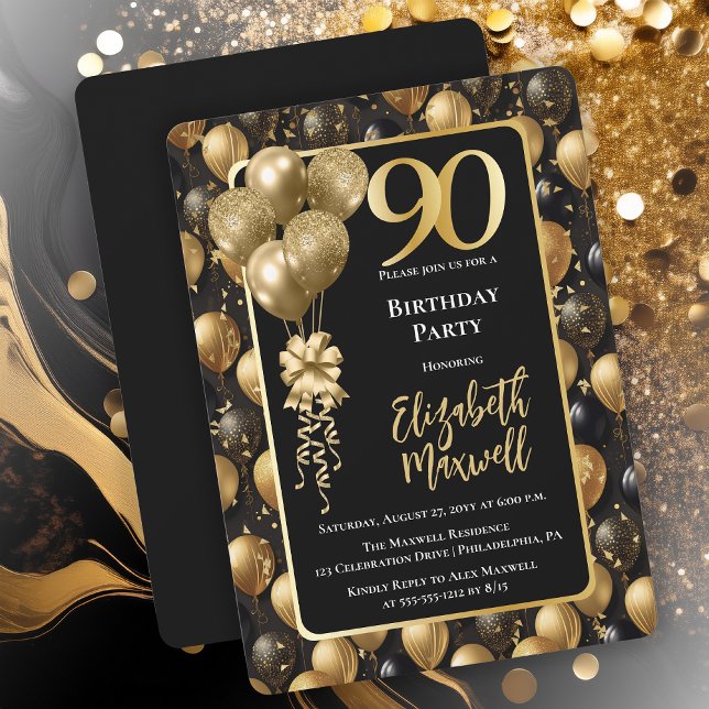 Eleganter Black Gold Glitzer Balloons 90. Geburtst Einladung (Elegant Black Gold-Tone Faux Glitter Balloons Pattern 90th Birthday Party Invitation 
Print Digital)