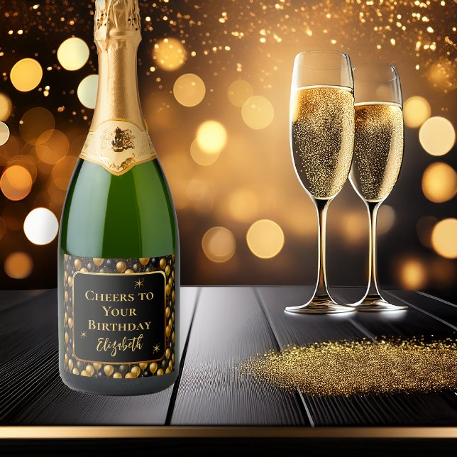 Eleganter Black Gold Glitzer Birthday Balloons (Elegant Black Gold Faux Glitter Balloons "Cheers to Your Birthday" [Name] Sparkling Wine Label)