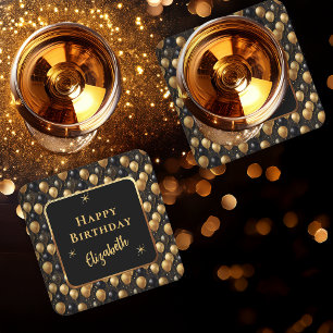 Eleganter Black Gold Glitzer Birthday Balloons Rechteckiger Pappuntersetzer
