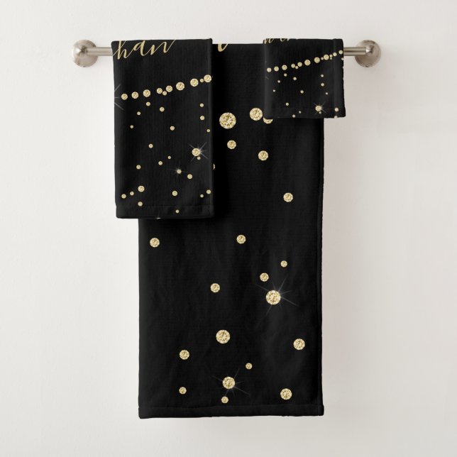Eleganter Black Gold Glitzer Confetti Mit Monogram Badhandtuch Set (Insitu)