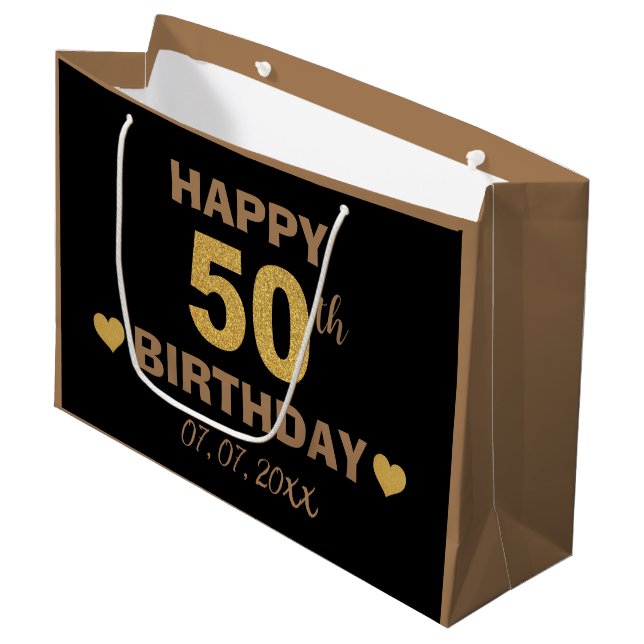 Eleganter Black & Gold Glitzer Happy 50. Geburtsta Große Geschenktüte (Vorderseite Schrägansicht)