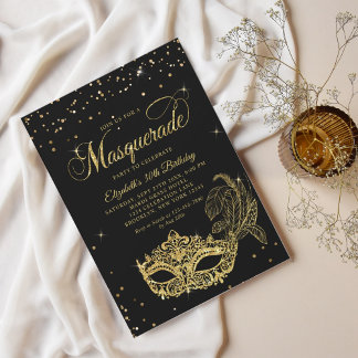 Eleganter Black Gold Glitzer Masquerade Geburtstag Einladung
