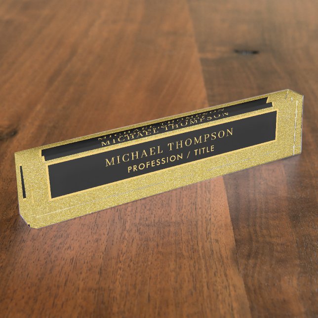 Eleganter Black Gold Glitzer Personalisierter Name Namensplakette (Seite)