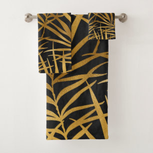 Eleganter Black Gold Glitzer Tropical Palm Leaf Badhandtuch Set