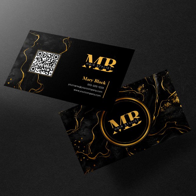 Eleganter Black Gold Marmor Initial Hair QR Code Visitenkarte (Von Creator hochgeladen)