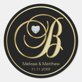 Eleganter Black Gold Monogram Letter B Heart Diamo Runder Aufkleber