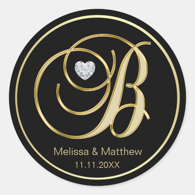 Eleganter Black Gold Monogram Letter B Heart Diamo Runder Aufkleber (Vorderseite)