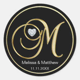 Eleganter Black Gold Monogram Letter M Heart Diamo Runder Aufkleber