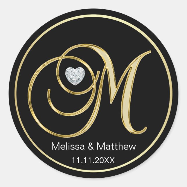Eleganter Black Gold Monogram Letter M Heart Diamo Runder Aufkleber (Vorderseite)