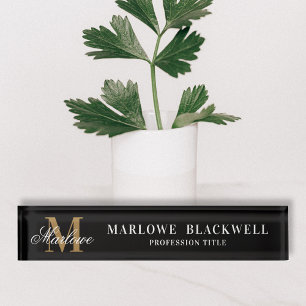 Eleganter Black Gold Monogram Script Desk Namensplakette