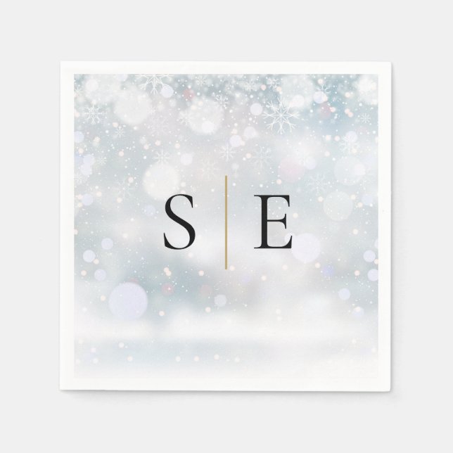 Eleganter Black Gold Monogram Winter Serviette (Vorderseite)