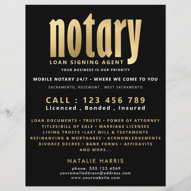 Eleganter Black & Gold Notary Loan Agent Flyer (Vorne)