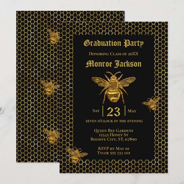 Eleganter Black Gold Queen Bee Beehive Abschluss Einladung (Vorne/Hinten)