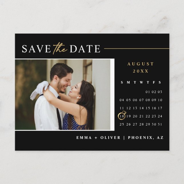 Eleganter Black Gold Save the Date Kalender QR-Cod Postkarte (Vorderseite)