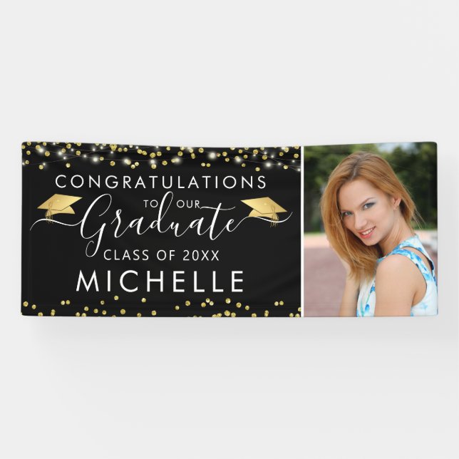 Eleganter Black Gold Script Foto Abschluss Banner (Horizontal)