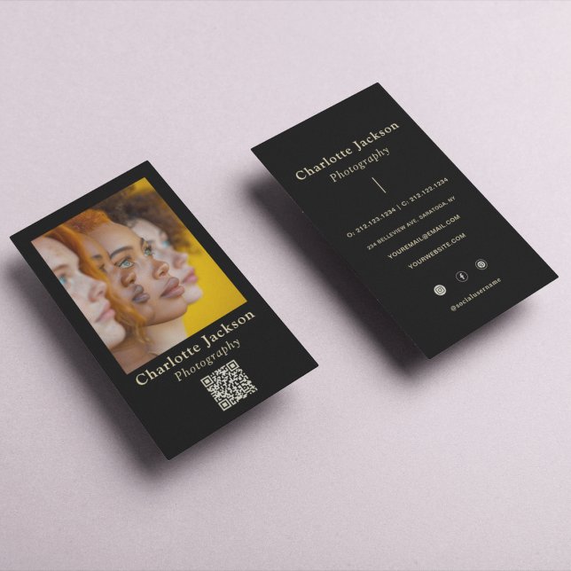 Eleganter Black & Gold Script l Foto & Qr Code Visitenkarte (Von Creator hochgeladen)