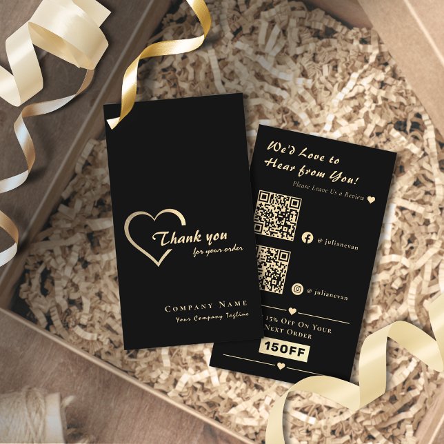 Eleganter Black & Gold Shiny Herz QR Code Vielen D Visitenkarte (Elegant Black & Gold Shiny Heart QR Code Thank you Card for Business)