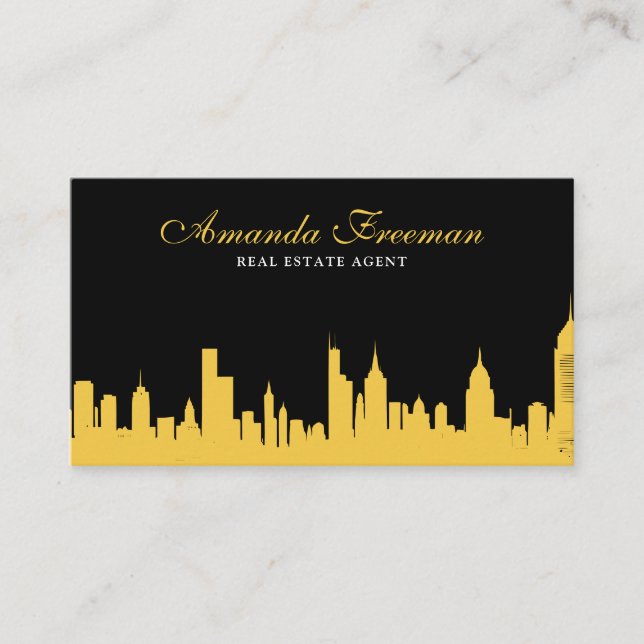 Eleganter Black & Gold Skyline Real Anwesen Agent Visitenkarte (Vorderseite)