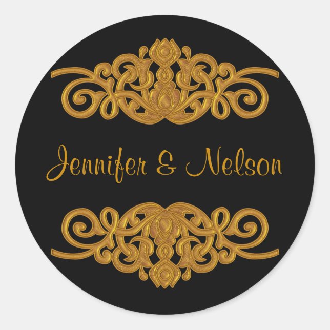 Eleganter Black & Gold Tone Wedding Umschlag Aufkl Runder Aufkleber (Vorderseite)