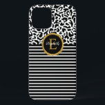 Eleganter Black Leopard Monogram Laptop Sleeve Case-Mate iPhone Hülle<br><div class="desc">Ein schwarz-weißes Leopardenmuster mit einem schwarz-weiß gestreiften Streifen und ein elegantes gold-schwarzes Monogramm schmücken dieses iPhone. Personalisieren Sie es für sich selbst oder für ein Geschenk! Entworfen für Sie von BlackBerry Boulevard.</div>