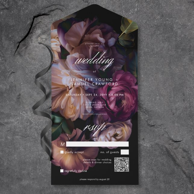 Eleganter Black Moody Floral Wedding QR Code All In One Einladung (Elegant Black Moody Floral Wedding QR Code All In One Invitation)