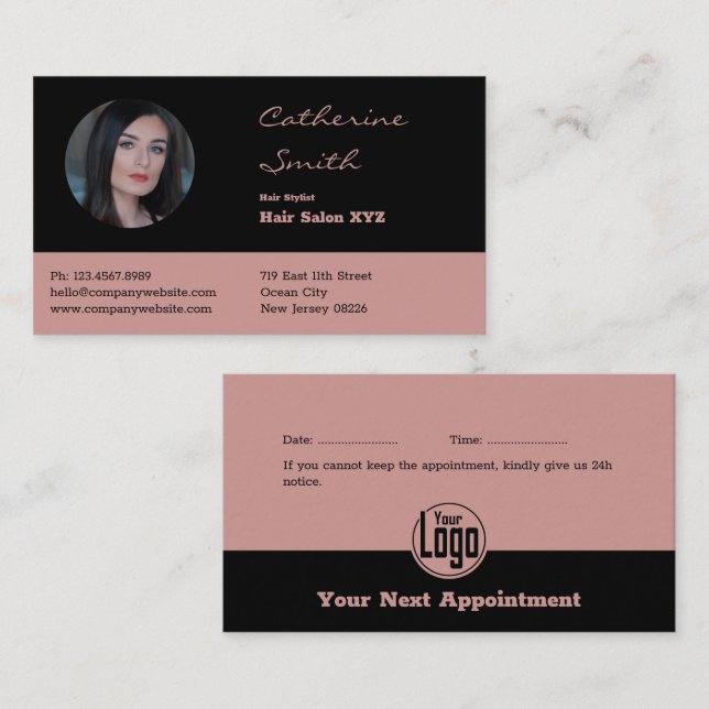 Eleganter Black & Pink Hair Salon Stylist Terminkarte (Vorne/Hinten)