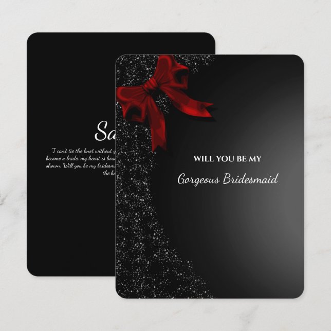 Eleganter Black Red Bow Bridesmaid-Vorschlag Einladung (Vorne/Hinten)