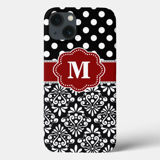 Eleganter Black Red Dot Damask Monogram Case (Rückseite)