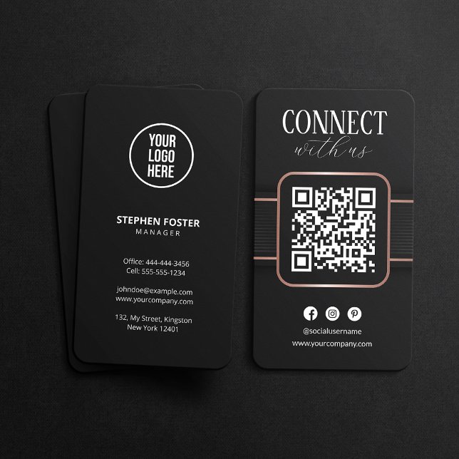 Eleganter Black Rose Gold Connect mit US QR Code Visitenkarte (Von Creator hochgeladen)