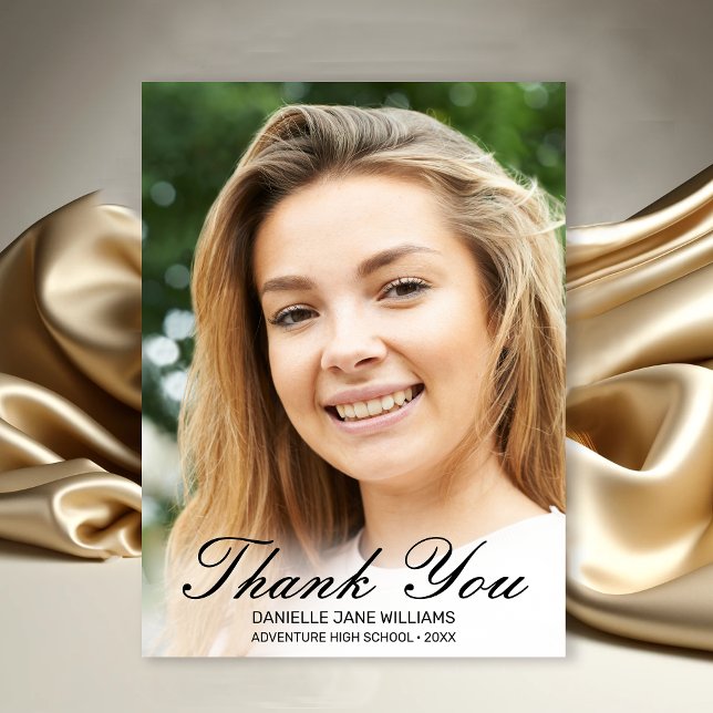 Eleganter Black Script Foto Abschluss Vielen Dank Dankeskarte (Modern Photo Black Script Graduation Thank You Card)