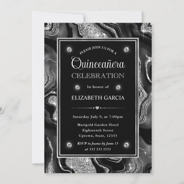 Eleganter Black & Silver Glitzer Agate Quinceanera Einladung (Vorderseite)