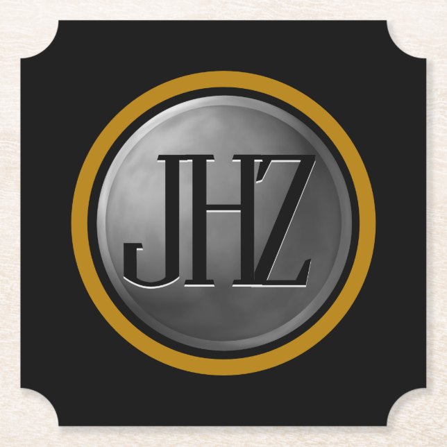 Eleganter Black Silver Gold Monogram Untersetzer (Vorderseite)